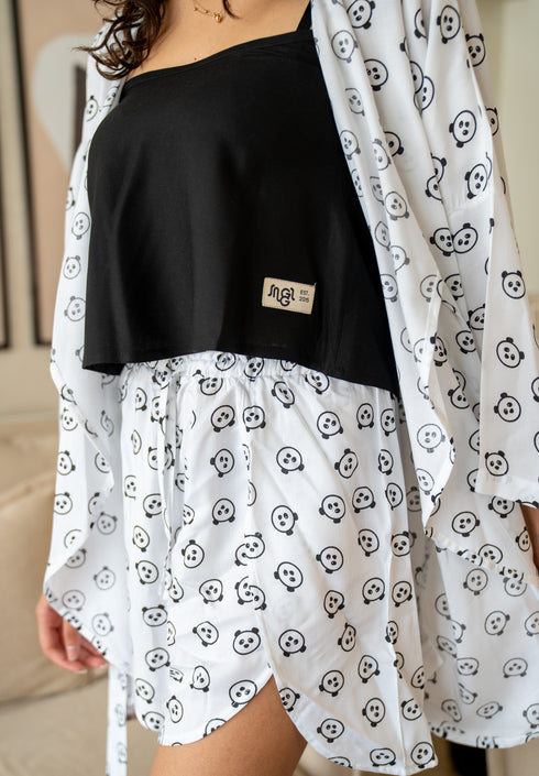 Women summer 3 piece pajama set Black Top + Coffee lover panda kimono & Short